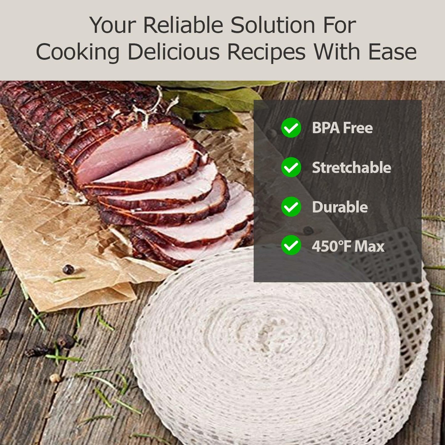 The Sausage Maker® 50ft Meat Netting Roll Size 32, Elastic Butchers Twine Cooking String Food Net For Large Roasts, Turkey, Strip Loins, USA Made, BPA Free Stretchable Poly-Cotton Mesh, 9" Dia