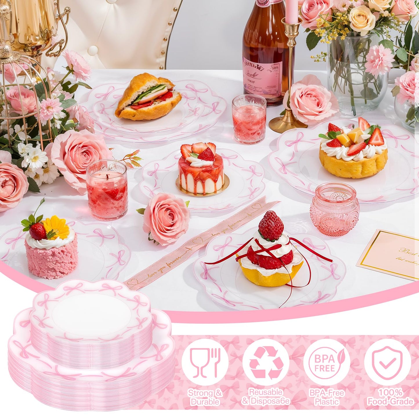 LIYH 60 Pcs Pink Bow Plastic Plates for Party - Pink Scalloped Scalloped Plates Disposable Heavyduty for Decorative Tableware for Holiday Party Decor Supplies - 10.25" Dinner & 7.5" Dessert Plate