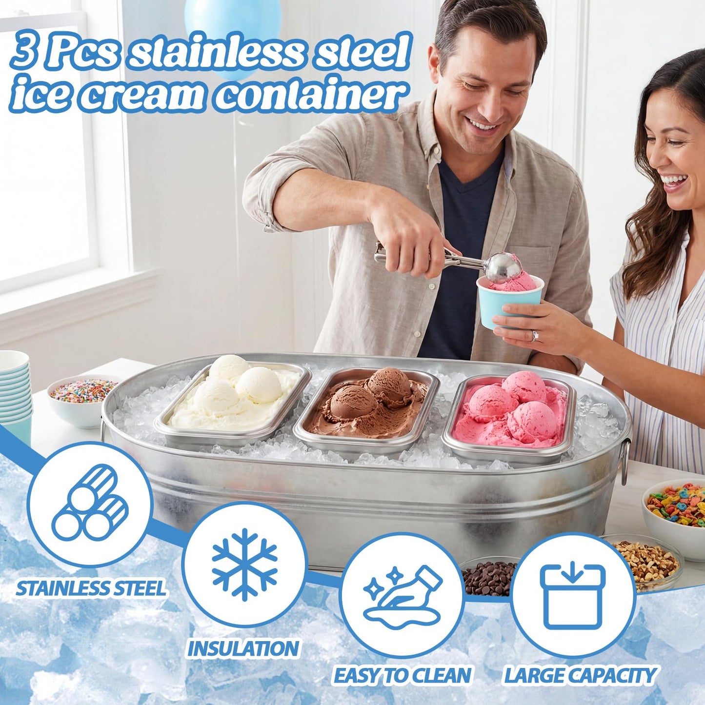Singhoow 3 Pcs Reusable Stainless Steel Ice Cream Storage Containers with Lids 1.2 Quart Homemade Ice Cream Freezer Storage Ideal for Kitchen Use, Fruit, Freezer 7.6 x 4.9 x 2.8 Inch