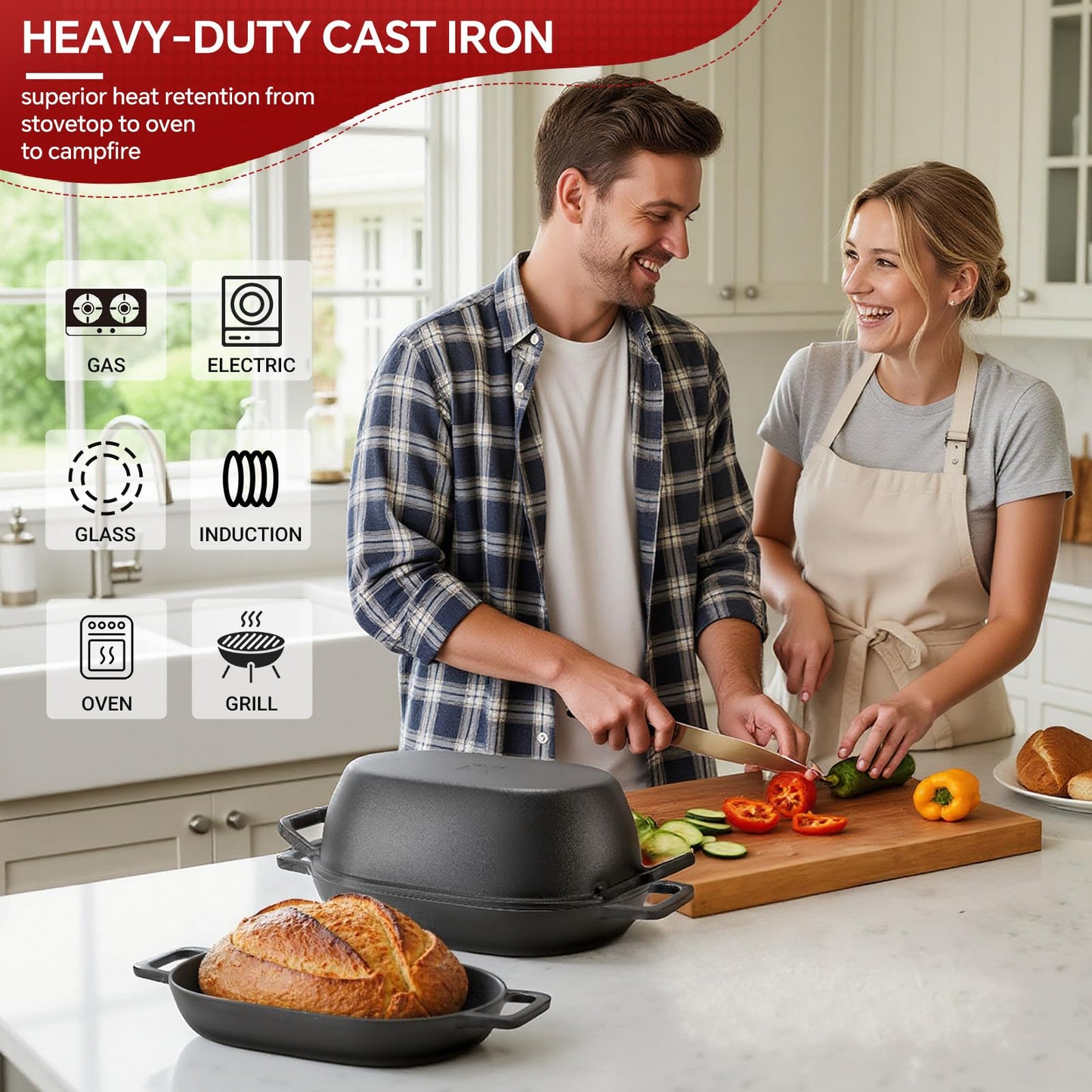 Northriver Casting 12"x8" Oval Cast Iron Dutch Oven for Bread Baking，Pre-Seasoned Combo Cooker with Lid, Perfect for Sourdough, Artisan Loaves & Family Meals,5 Qt