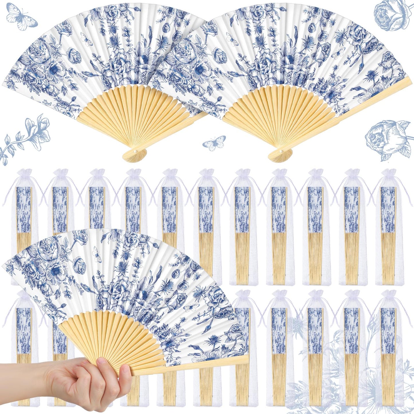 Vercraft 50 Sets Folding Hand Fans with Organza Bags Bulk, Paper Fans for Wedding Guests, Bridal Shower Party Favors, Summer Handheld Bamboo Fan Bridesmaid Gifts (Blue Floral)