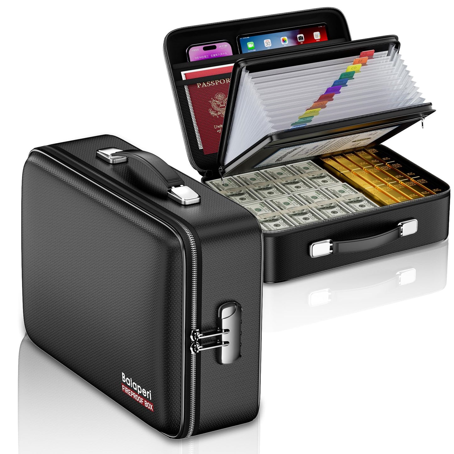 BALAPERI Fireproof File Organizer with Fireproof Zipper,Fireproof Document Box Hard Case with Lock,Portable Document Safe for Important Document Laptop Valuables(Black,15.8"x4.8"x12.6")