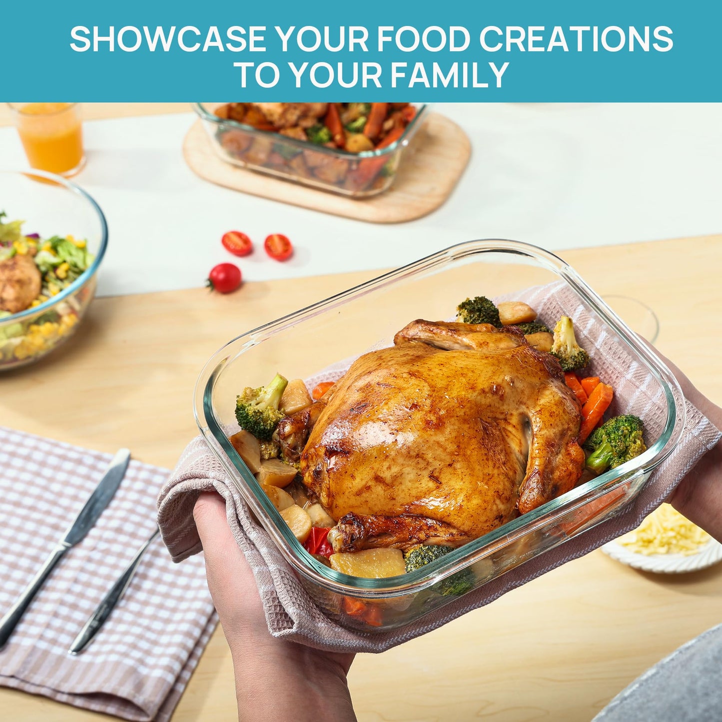 Vtopmart 2Pack 2260ml/ 76.4oz Large Glass Storage Containers with Lids, Meal Prep Food Container Set with Snap Airtight Lid for Baking, Microwave, Oven, Leak Proof, for Freezer, Dishwasher, Blue