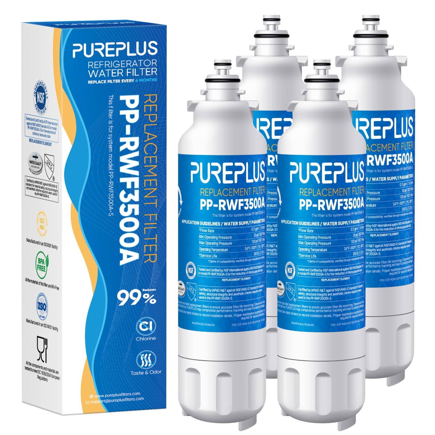 PUREPLUS Replacement for ADQ73613401, LG® LT800P®, LT800PC, ADQ736134, ADQ73613402, LSXS26326S, LSXS26366S, LMXS30776S, LSXS26366D, LMXC23746S, 46-9490, Refrigerator Water Filter, 4 Pack