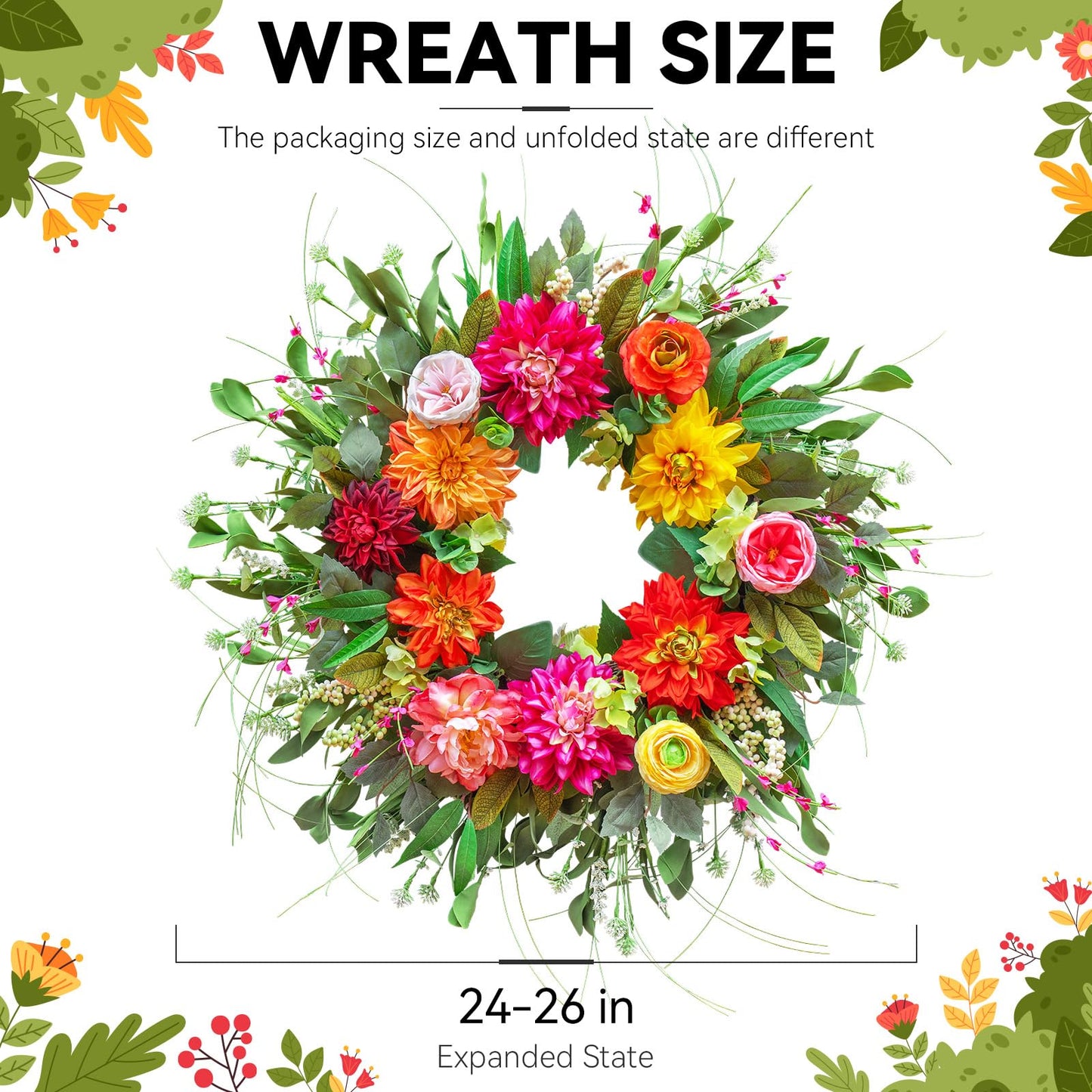 Spring Wreaths for Front Door Outside,24 Inch Summer Wreath with Peony Dahlia Rose and Greenery,Outdoor Wreath for Farmhouse Wall Porch Home Decor