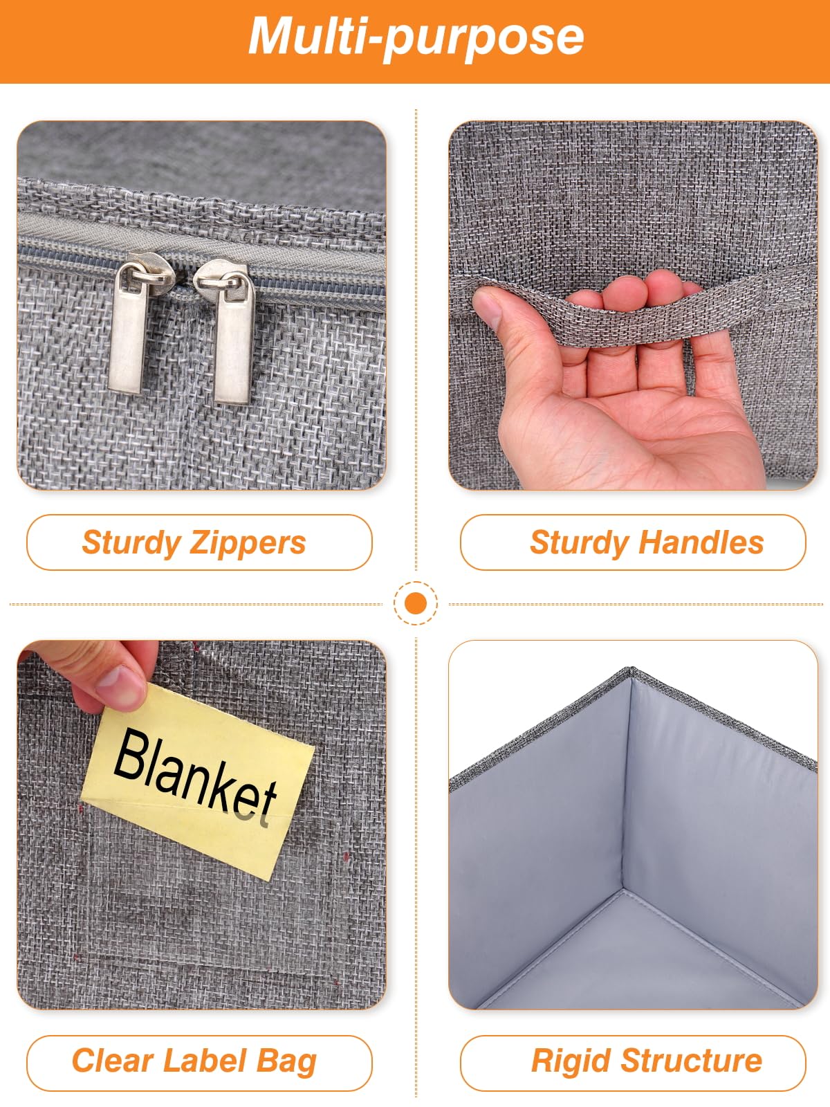 boailydi 60L Blanket/Comforter Storage Bag w/Rigid Side & Bottom Support, Stackable Clothes Storage Bin for Sweaters Bedding Sets Quilts Pillows, Closet Organizer, 21.7x14.2x11.8in, 2 Pack, Gray