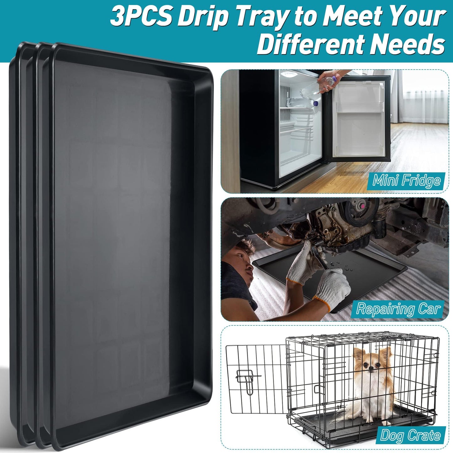 3 Pcs 22'' x 21'' Large Oil Drip Tray, Mini Fridge Drip Pan, Portable Under Washer Pan for Dishwasher, Air Conditioners, Dog Cage and Under Car