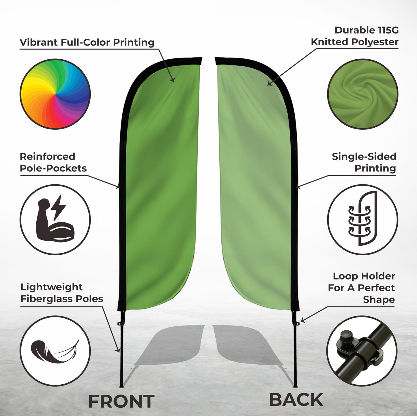 LookOurWay Feather Flag Pole Kit - 7 Feet Tall Advertising Flag Banner with Fiberglass Pole Set and Ground Spike for Business Promotion - Solid Colors - Light Green