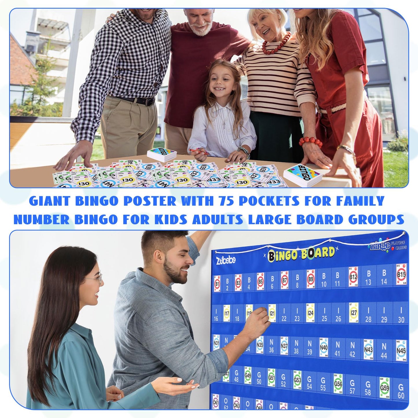 Zubebe 2 Pack Manual Bingo Masterboard Pocket Chart with Bingo Calling Cards Deck Reusable 59×35 Giant Bingo Poster with 75 Pockets for Family Number Bingo for Adults Large Board Groups