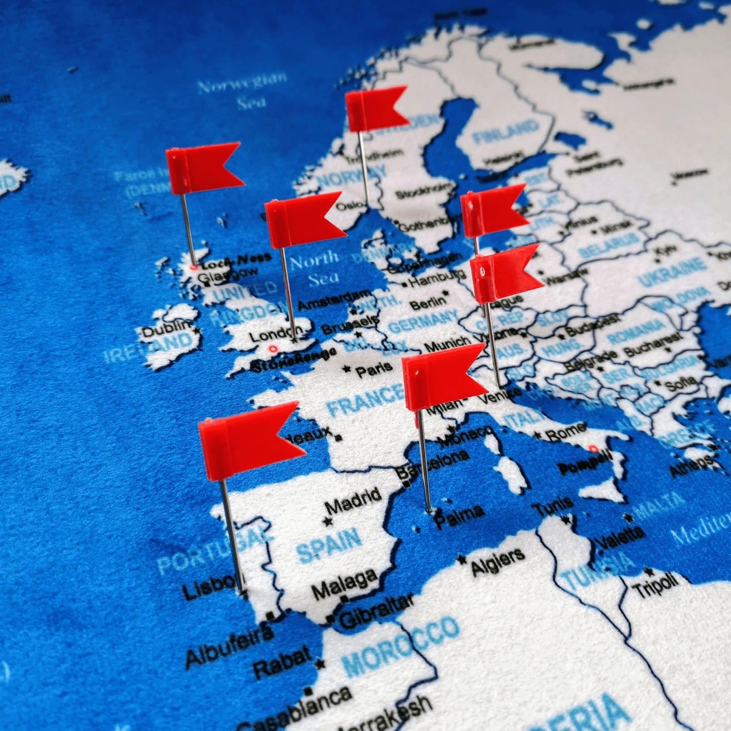 World Map XXL 51 x 28 inches in 'Error Blue', Fleece Wall Hanging as Travel Pin Board in Modern Wall Art Design, 20 Flag Push Pins Included