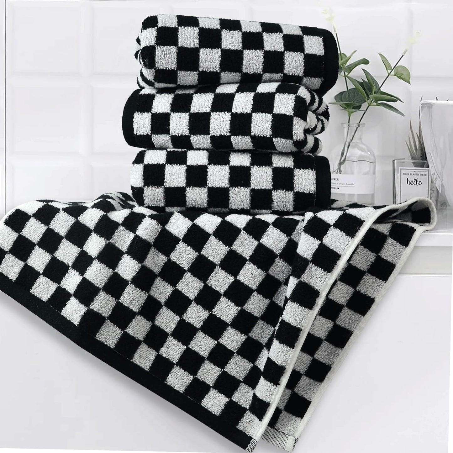 Jacquotha Black and White Hand Towels 4 Pack, Cotton Decorative Bathroom Hand Towels & Checkered Kitchen Decor, 13" x 29"