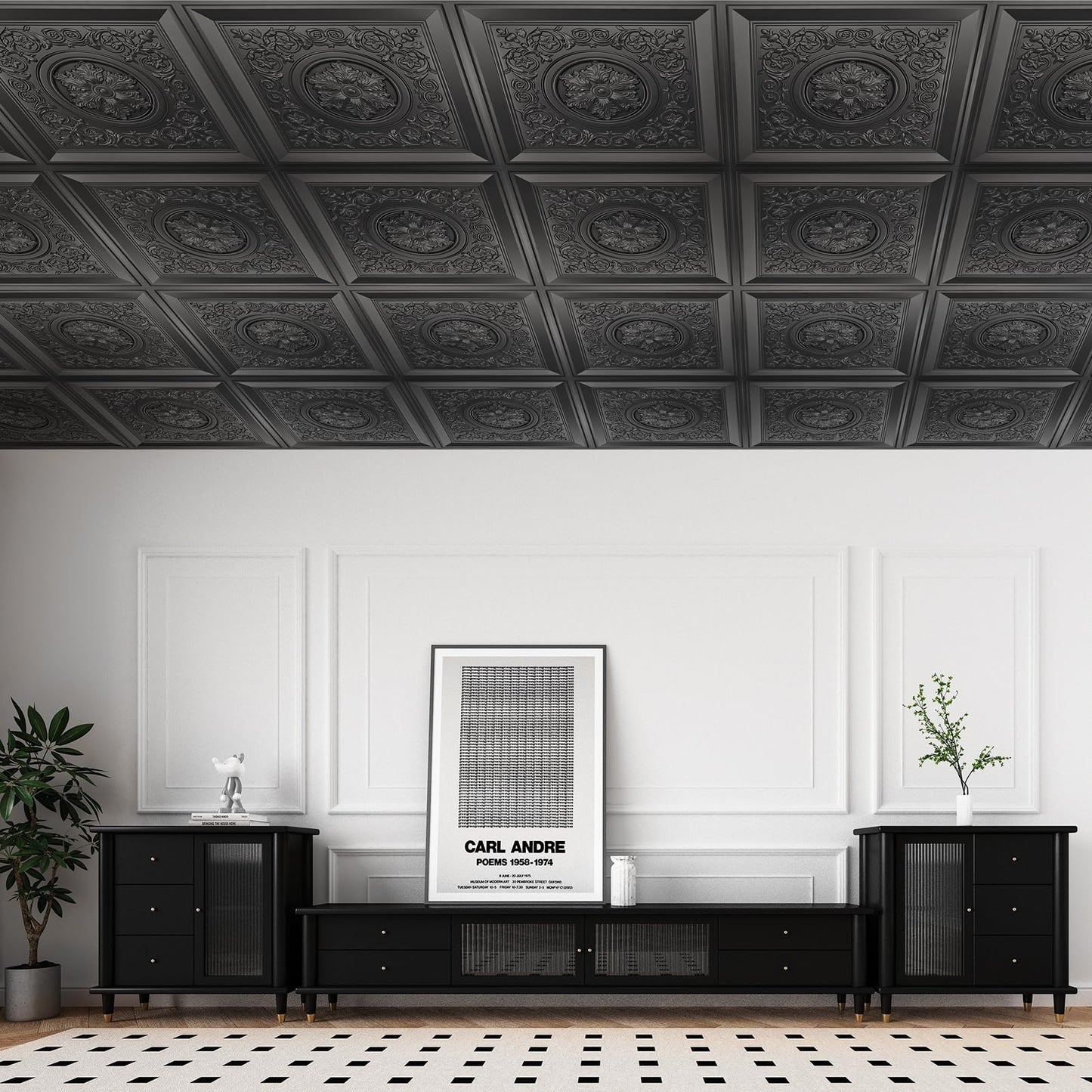 WOWSTAR 12-Pack 24"x24" Drop Ceiling Tiles, Waterproof Glue Up Vintage Style 3D Ceiling Tiles, Black