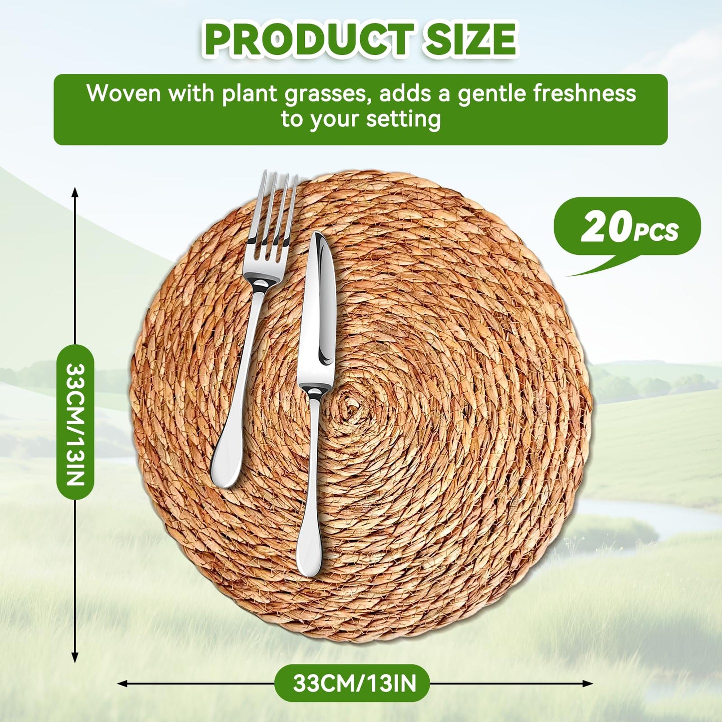 DRKSBesto Round Woven Placemats 13 inch Set of 20, Boho Rattan Placemats, Farmhouse Weave Place Mats, Rustic Braided Wicker Table Mats for Dining Table,Home and Wedding