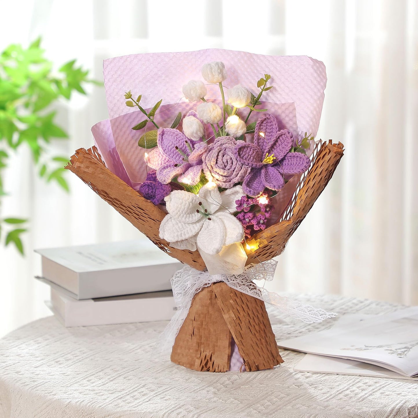 Juinte Graduation Crochet Flower Bouquet Gift Completed Handmade Knitted Bouquet with Lily Tulips Rose for Graduation Birthday Wedding Summer Home Women(Purple)