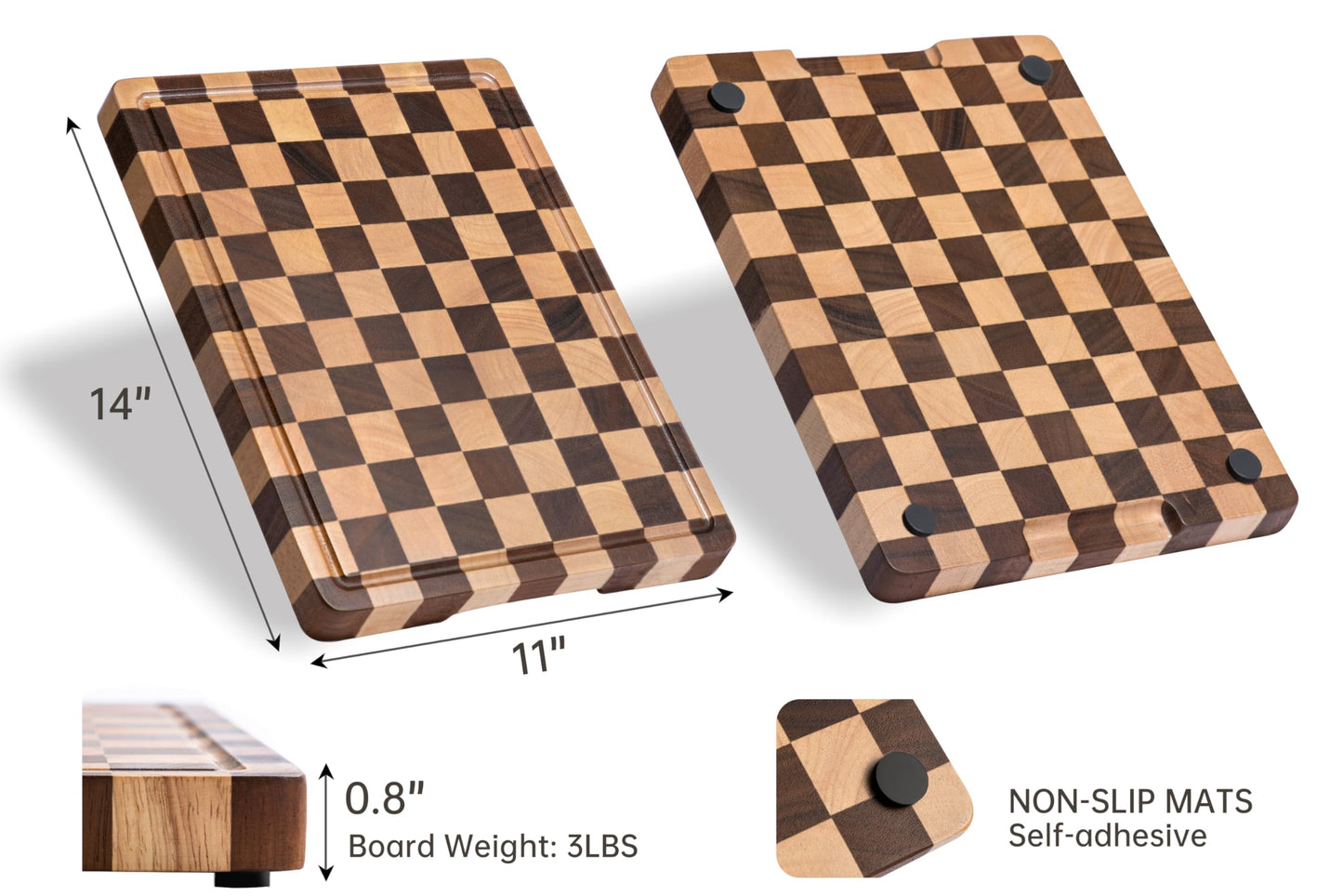 THETCHRY Cutting Boards for Kitchen, Checkered Cutting Board End Grain, Acacia Wooden Chopping Board with Juice Groove & Handle, Serving Tray for Meat, Bread & Fruit, 14"L x 11"W x 0.8"Th