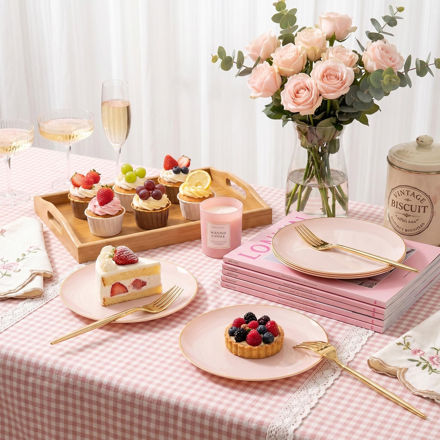 Rubtlamp 200Pcs Plastic Pink Dessert Plates with Disposable Gold Forks,Heavy Duty Pink Disposable Salad Platos,Gold Small Platos,Fancy Appetizer Plates for Mother's Day