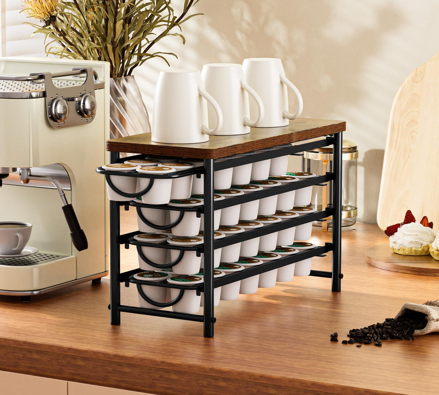 HFHOME Coffee Pod Holder with Wooden Top, Compatible with K-Cups, 4-Tier Coffee Capsule Storage Drawer, 56 Capacity Pods Organizer for Kitchen Counter, Home, Office, Black