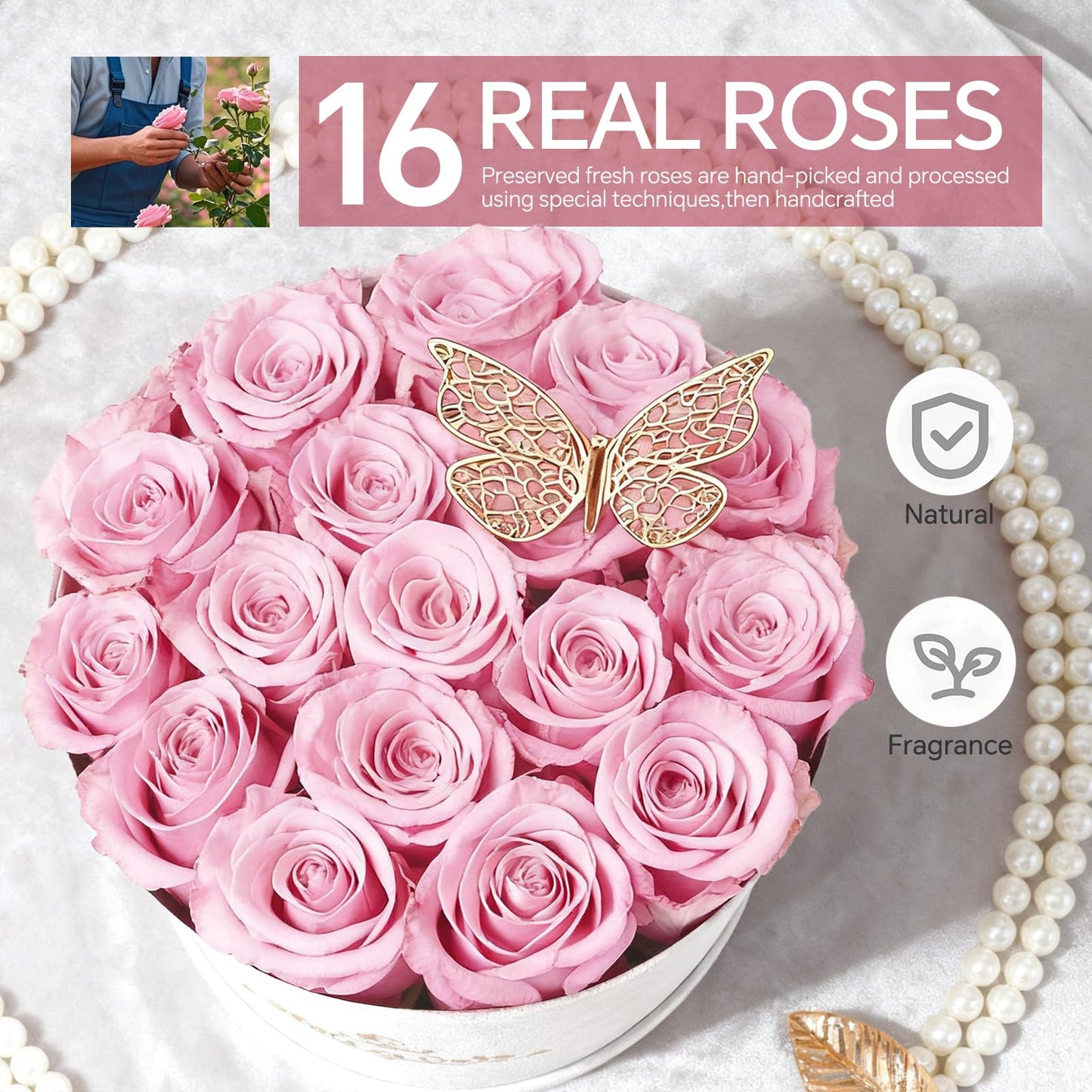 Cyrabota 16 Pink Preserved Flowers in Round Gift Box, Forever Flowers Eternal Roses for Mother's Day, Birthday, Anniversary, Valentine's Day Gifts for Women Light Pink