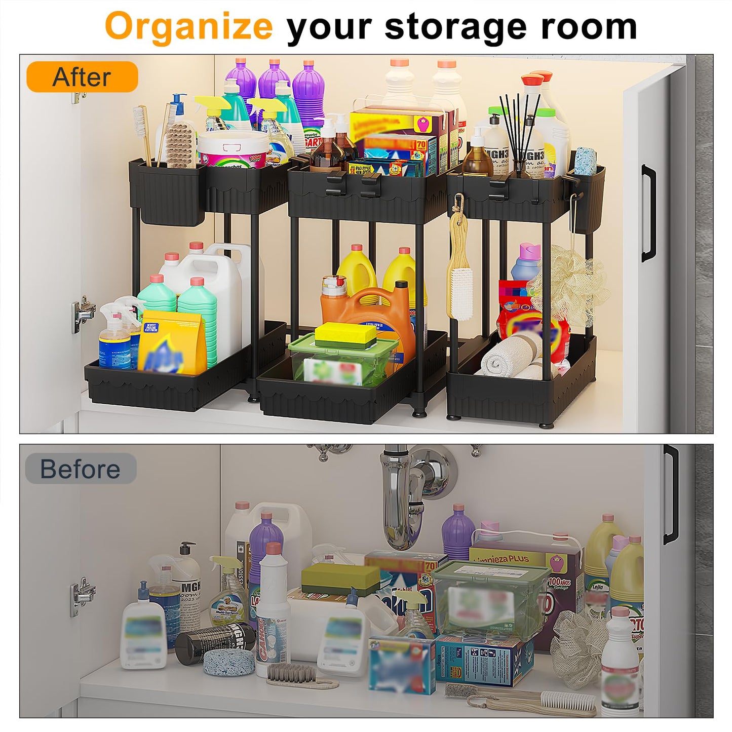 Sevenblue 3 Pack Under Sink Organizers, 2-Tier Multi-Use Kitchen and Bathroom Organizers and Storage with Sliding Drawers, Bathroom Cabinet Organizer (Black, 14.8 Inch)