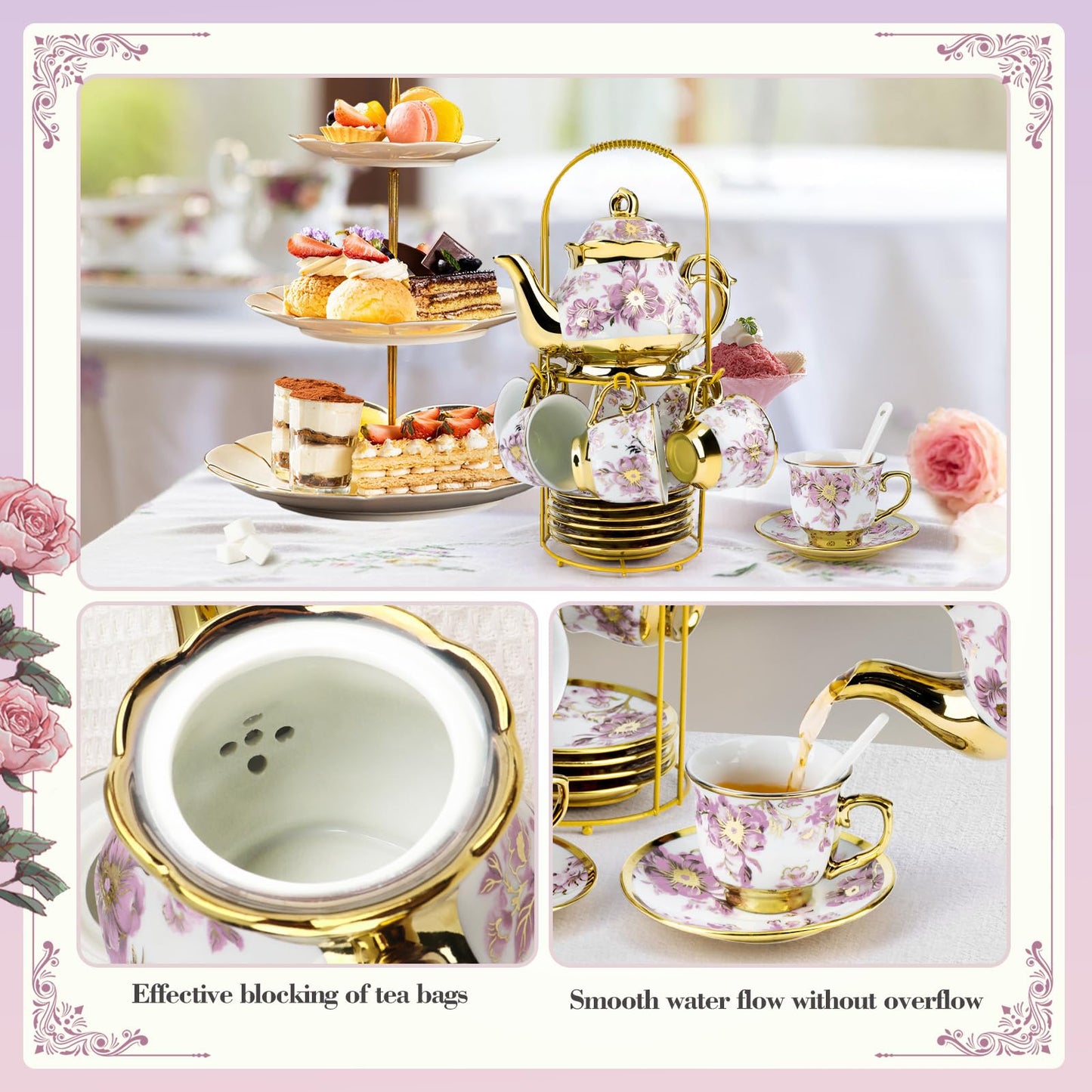 20 Pcs Porcelain Tea Set with Metal Holder, 700ml/23oz European Ceramic Tea Set for Adults, Adult Tea Set Gift, Flower Tea Cup Saucer Set for Party With Gold Flower Painting (Elegant Purple/700ml)