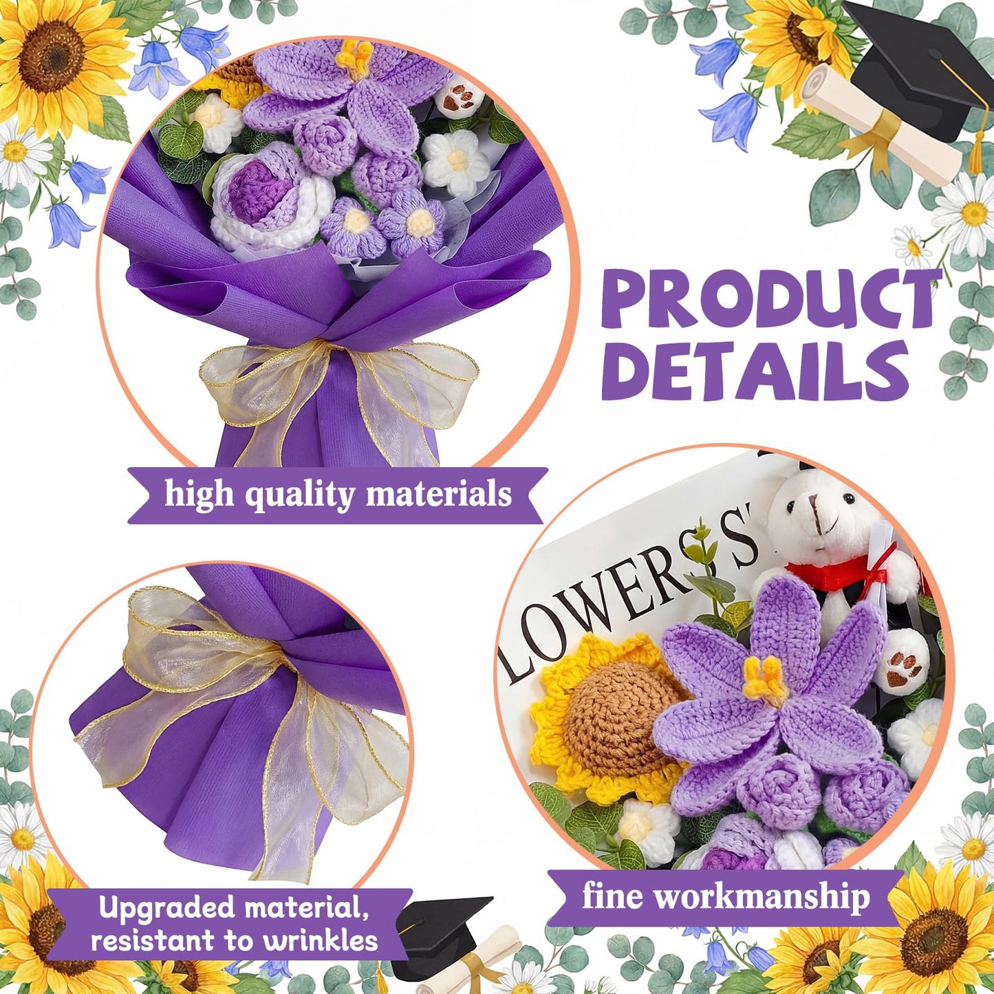 Giegxin Graduation Crochet Flowers Bouquet Set 2026 Grad Cap Plush Bear Hand Knitted Rose Tulip Daisy Sunflower Bouquet Greeting Card Gift Bag for Wedding Birthday Party Favors(Purple)