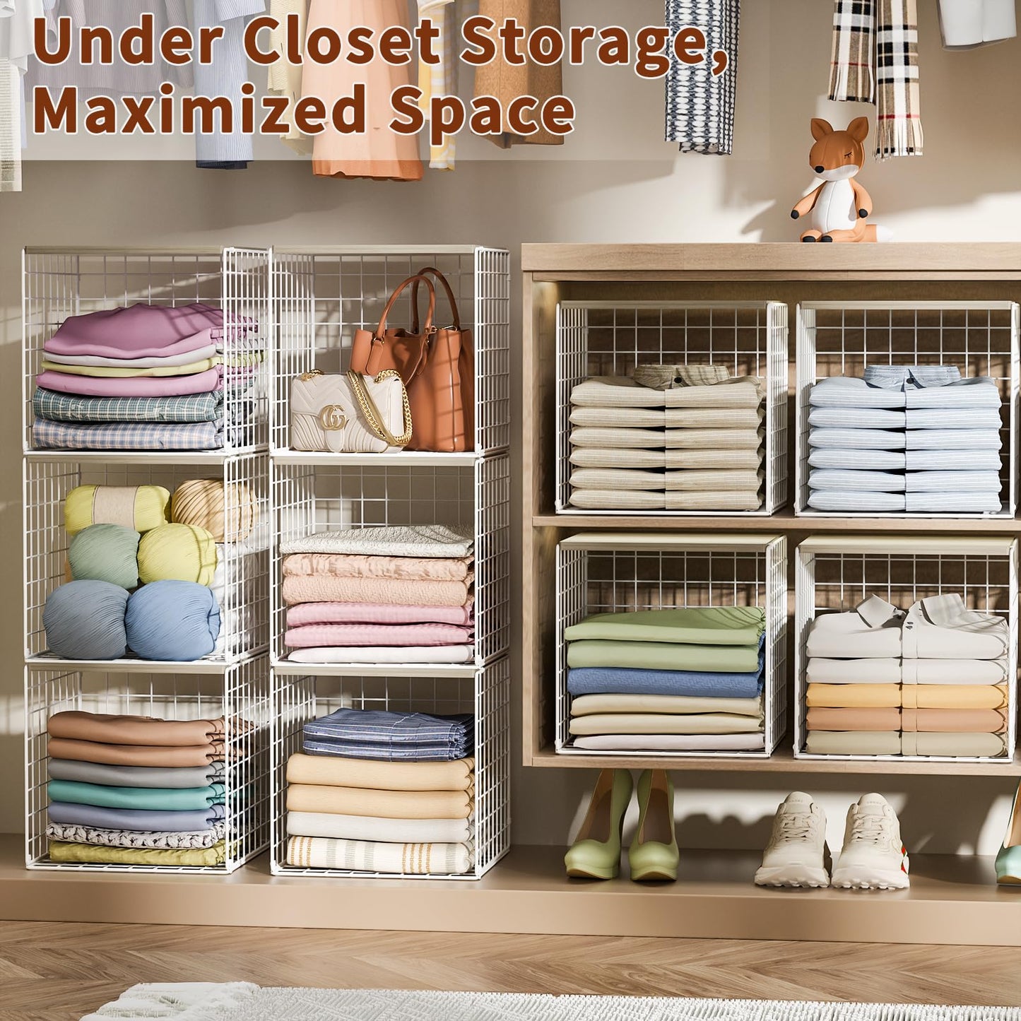Hencawima 4 Pack Closet Organizers and Storage with Wood Top, Stackable Closet Shelf Organizer, Double Storage Design, Clothes Storage Basket/Cube Organizer for Wardrobe, Sturdy, White