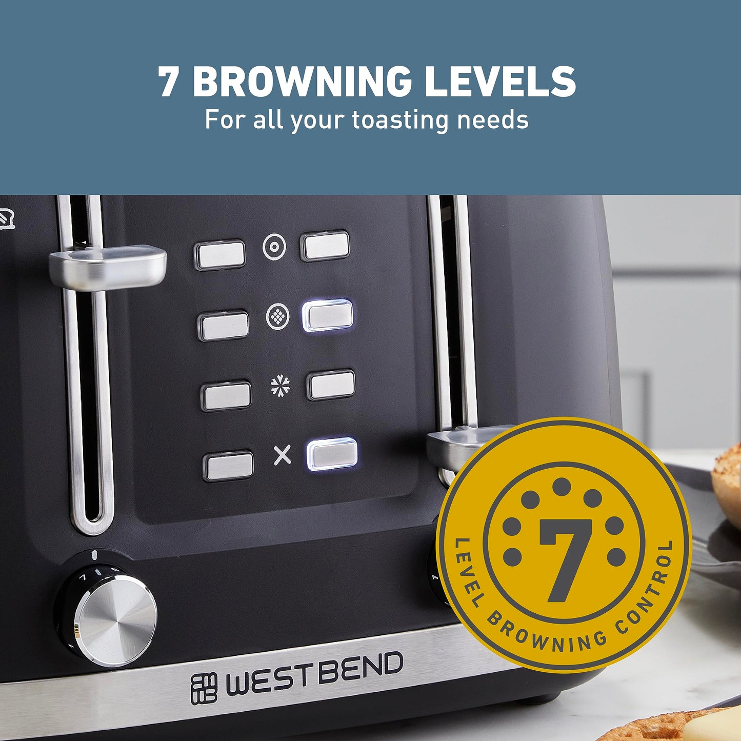 West Bend Toaster 4-Slice Extra-Wide and Deep Slots with 3 Functions and 7 Shade Settings Manual Toast Lift Lever Auto Shut-Off and Removable Crumb Tray, 1500-Watts, Black