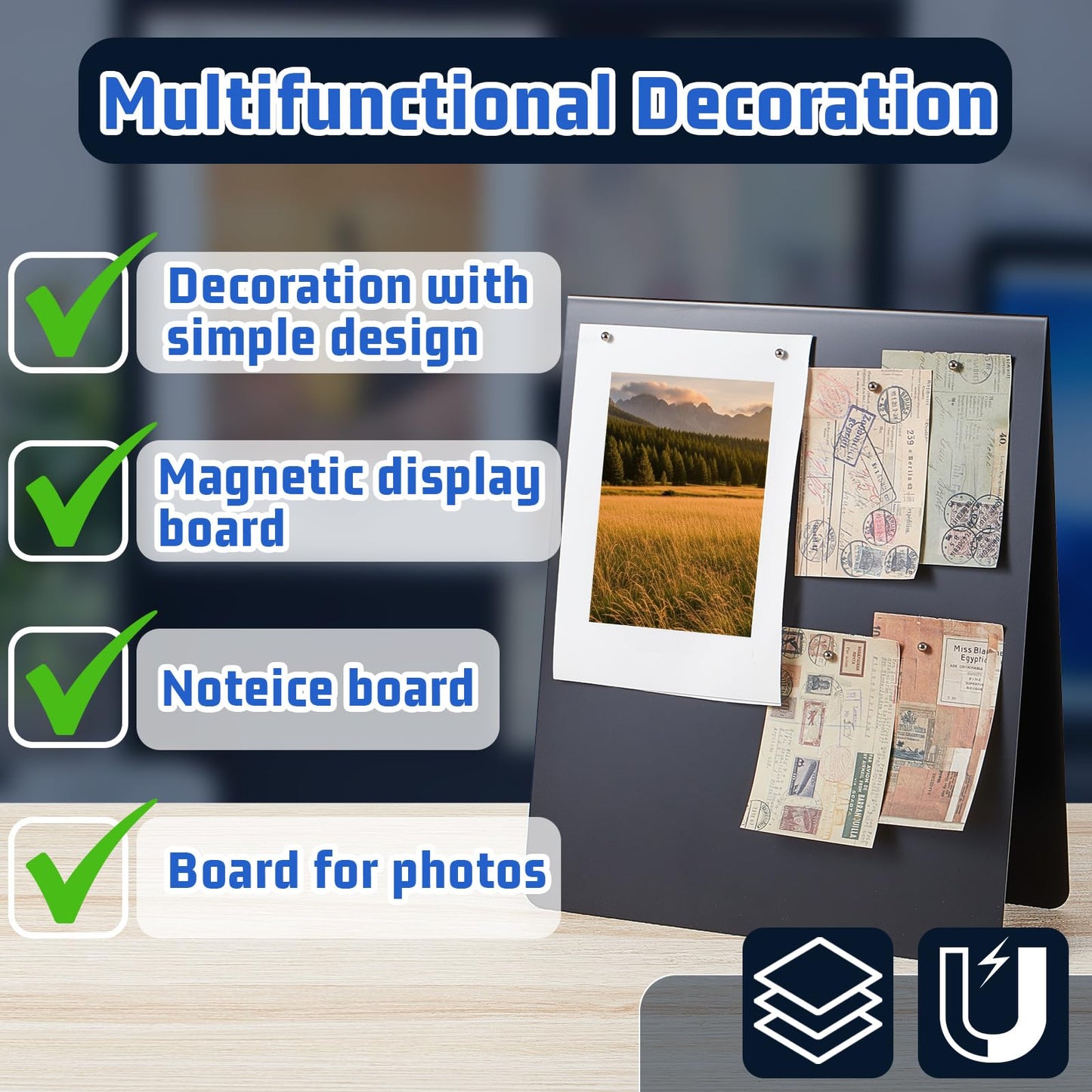 Leinuosen 2 Pcs 12 x 10 Inch Magnetic Bulletin Board Metal Magnet Board Magnet Display Stand for Tabletop Desktop Home Kitchen Office Decor (Black)