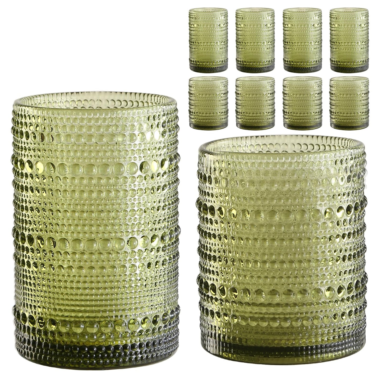 ZMOWIPDL Vintage Hobnail Drinking Glasses Set of 8,Green 12 oz & 15oz Highball Glass Cups, Kitchen Drinkware Glassware,Embossed Water Tumbler,for Beer,Cocktail,Whiskey,Juice and Various Mixed Drinks