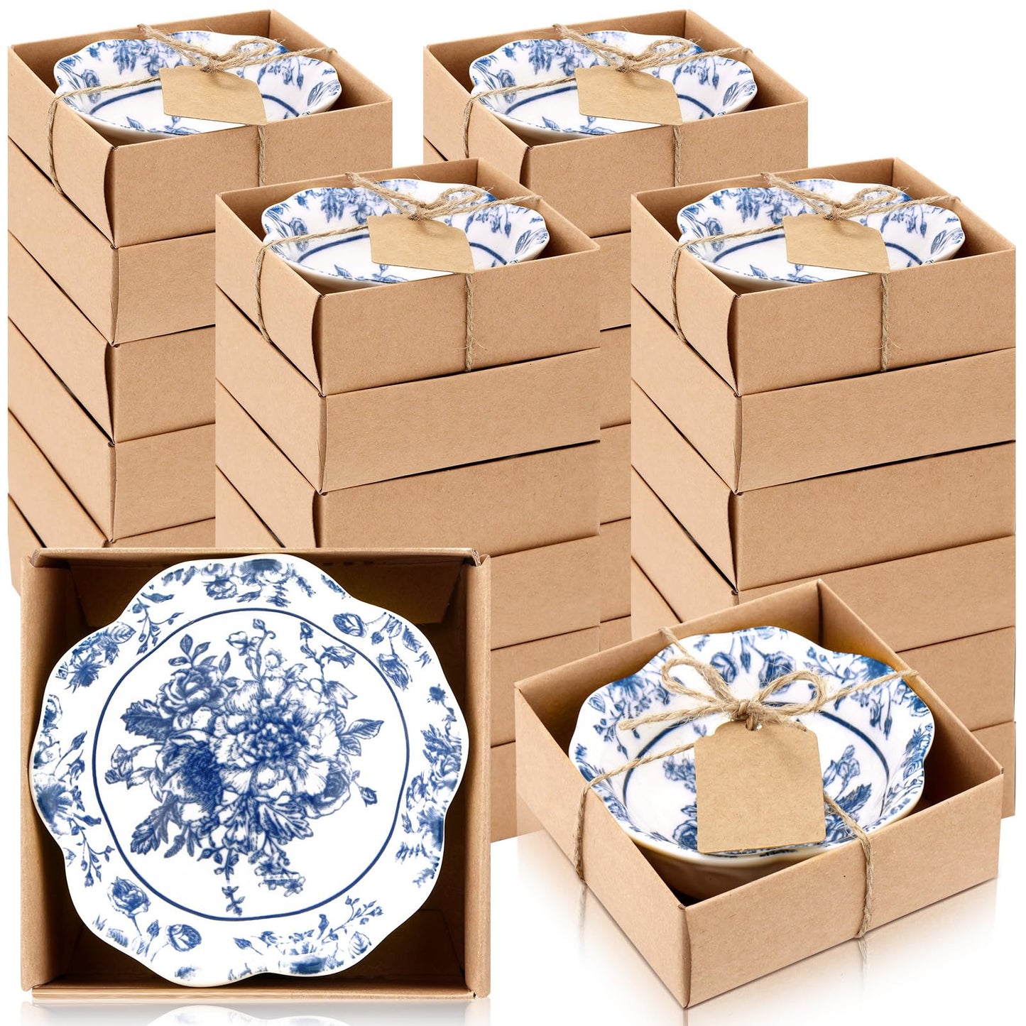 SiliFine 24 Pcs Wedding Favors for Guests Small Ceramic Bowl Bulk Gifts Set 3.3 Inch Floral Design Mini Dipping Sauce Dish with Card Box for Bridal Pooja Baby Shower Birthday (Flower,Blue)