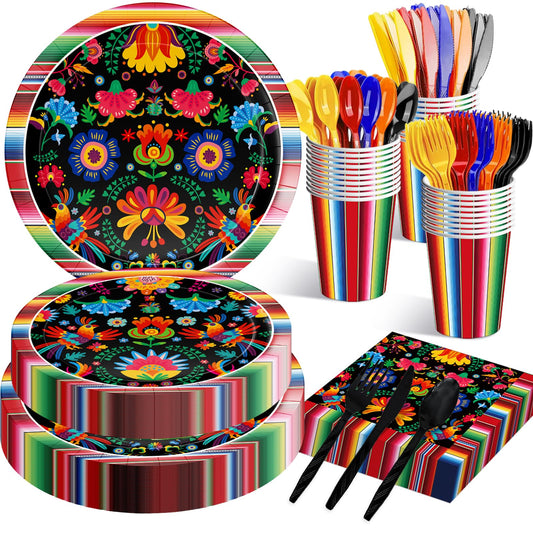 175 Pcs Fiesta Tableware Set – Serves 25, Mexican Party Supplies Disposable Plates, Cups, Napkins, Forks, Spoons, Knives with Floral and Serape Stripe Design for Cinco de Mayo, Birthday Celebrations