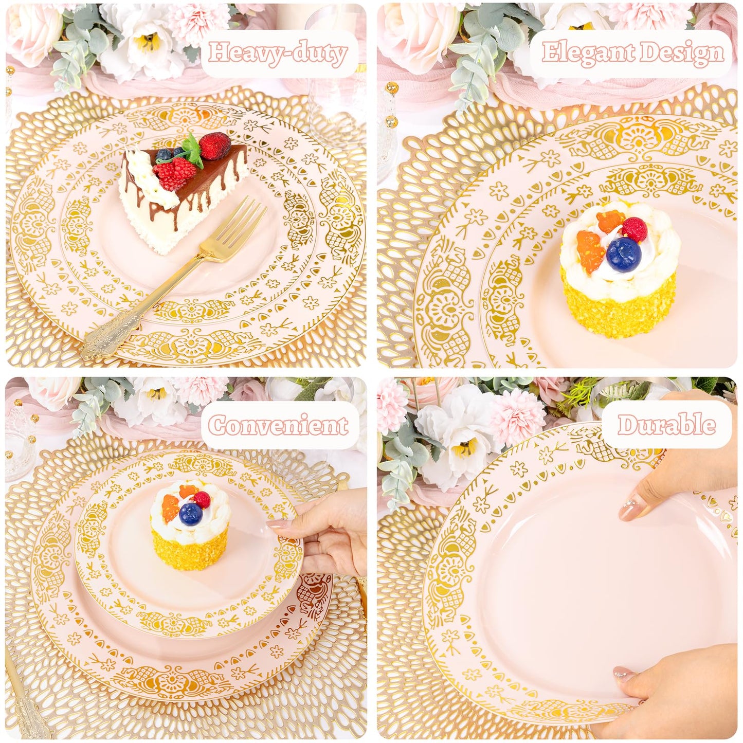 GATHER 350PCS Pink and Gold Plastic Plates - Gold Disposable Dinnerware Set Include 50 Dinner Plates, 50 Dessert Plates, 150 Plastic Silverware, 50 Napkins, 50 Cups for Wedding