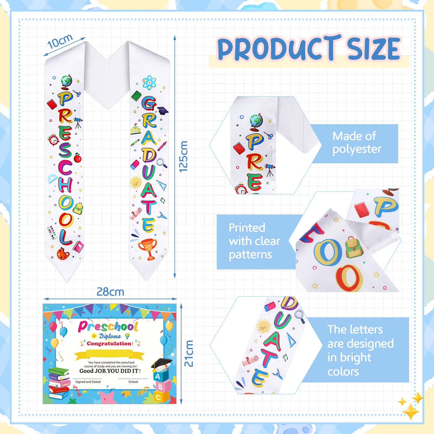 Sureio 24 Pieces Preschool Graduation Gifts Kids Graduation Stole with Preschool Diploma 12 Pcs Preschool Printed Graduation Sash and 12 Pcs Preschool Diploma Unisex Graduation Stole (Preschool)