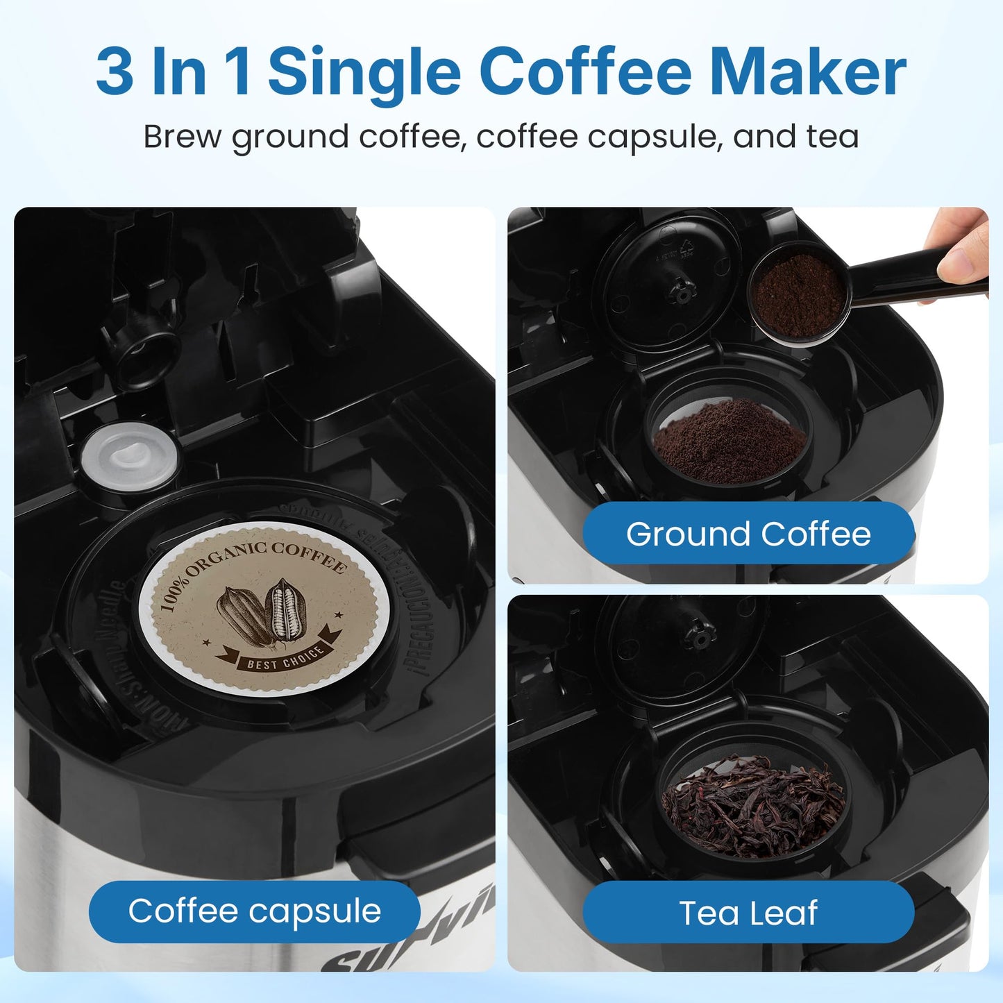 SUNVIVIPRO Single Serve Coffee Machine Brewer: 3-in-1 Iced Coffee Maker for K Pod Pods, Ground Coffee, and Teas with Removable Water Reservoir 6 to 14oz, 2 Cup Trays, Self-Cleaning Function, Black