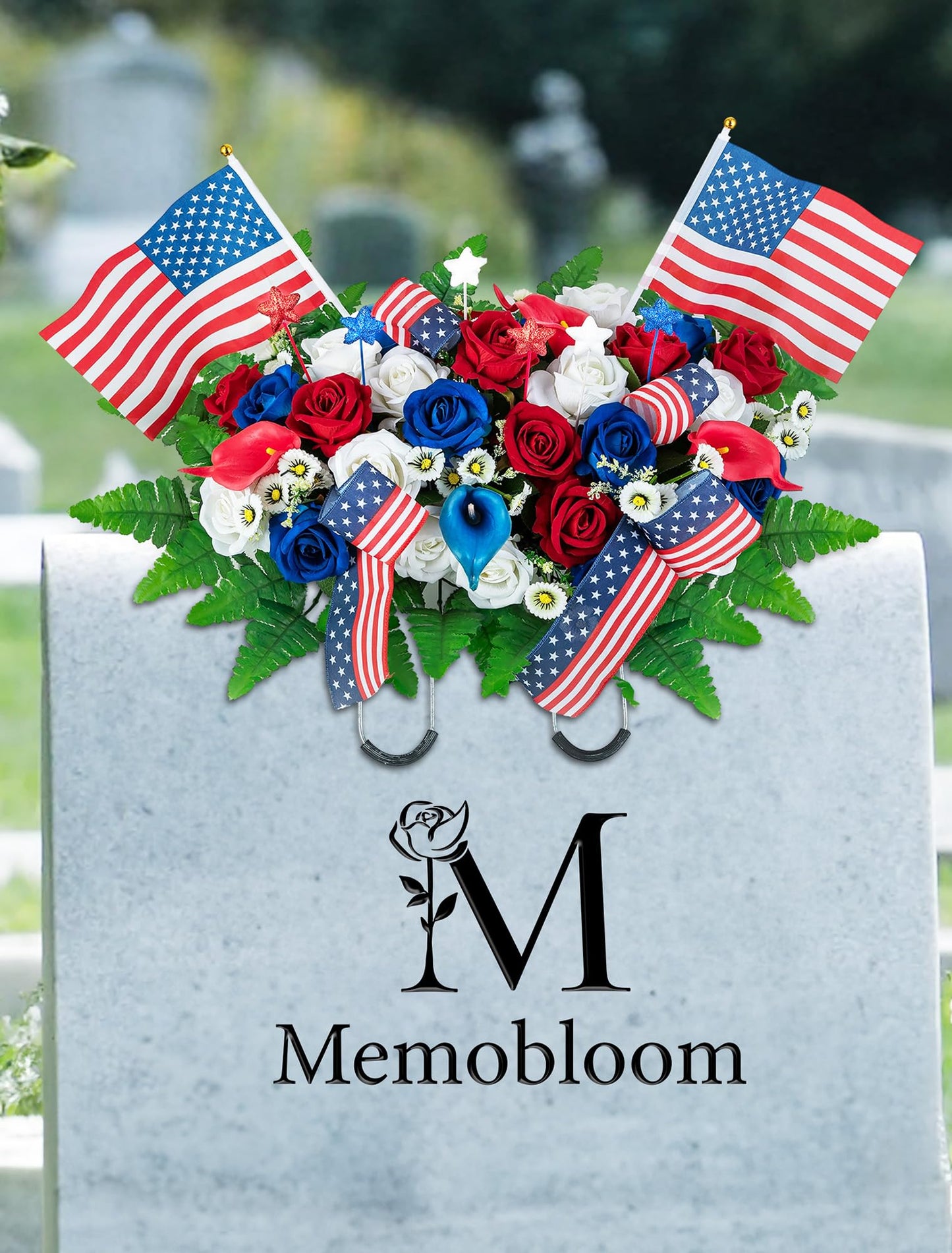 Memobloom Memorial Day Decorations for Cemetery: Patriotic Red White Blue Headstone Flower Saddle - Outdoor Artificial Velet Roses Cemetery Flowers for Grave with Flags for 250th Birthday of America