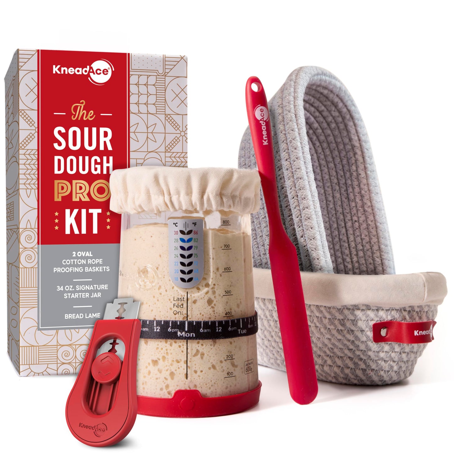 KneadAce Sourdough Starter Kit – 34oz Starter Jar, 2 Oval Banneton Proofing Baskets, Magnetic Bread Lame for Scoring – Gift for Bakers & Complete Sourdough Bread Baking Set