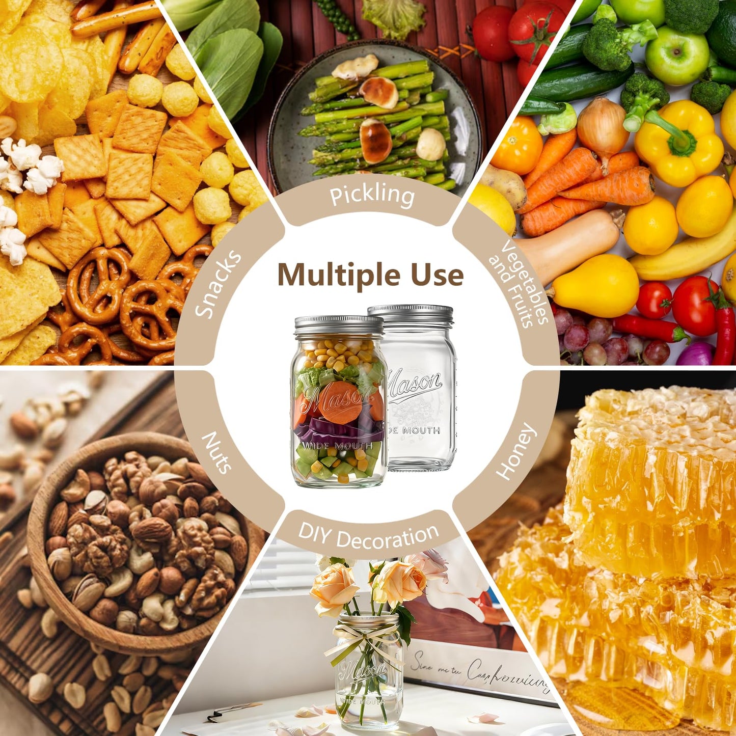 Dralaw Mason Jars 32 oz,6 Pack Large Wide Mouth Mason Jar with Airtight Lids and Bands|Quart Glass Canning Jars for Pickling, Fermenting and Food Storage Microwave&Dishwasher Safe