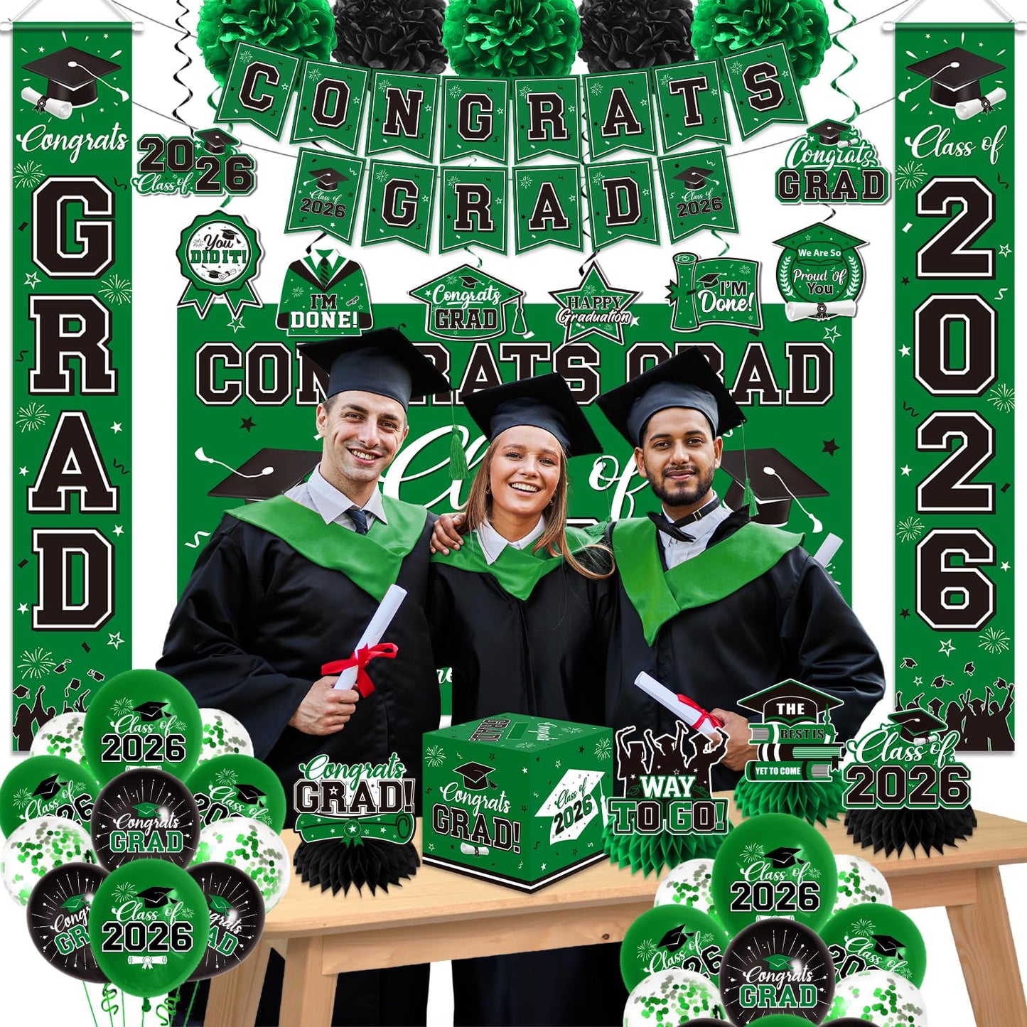 Graduation Decorations 2026 Green Party Decor Set with Congrats Grad Banner, Class of 2026 Backdrop, Balloons, Box & Streamers Supplies for High School & College Celebrations