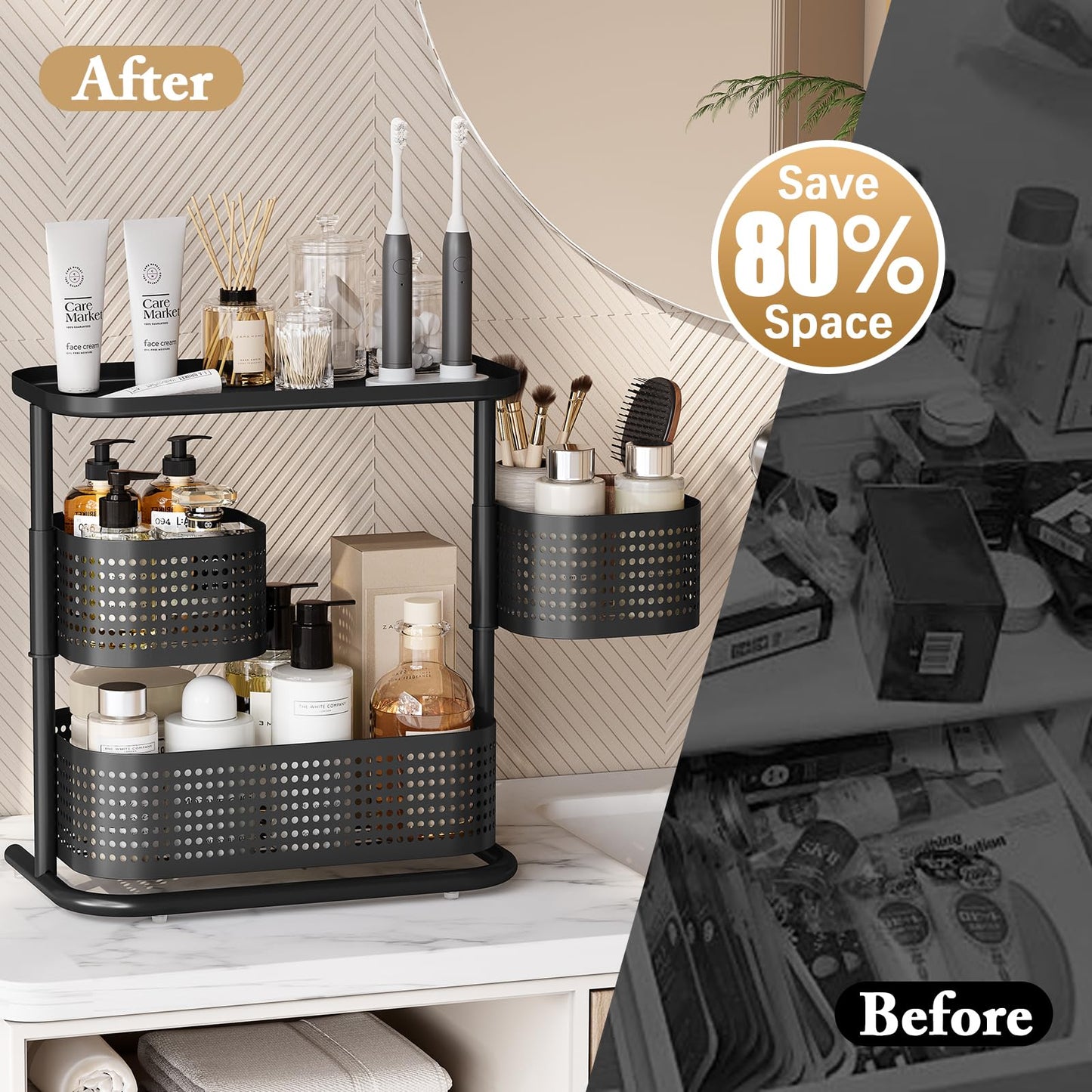 3 Tier Bathroom Counter Organizer, Rotating Countertop Vanity Storage Cabinet with Standing Shelf, Cosmetic Holder for Skincare & Makeup, Kitchen Spice Rack, Bedroom Nightstand Organizer, Black