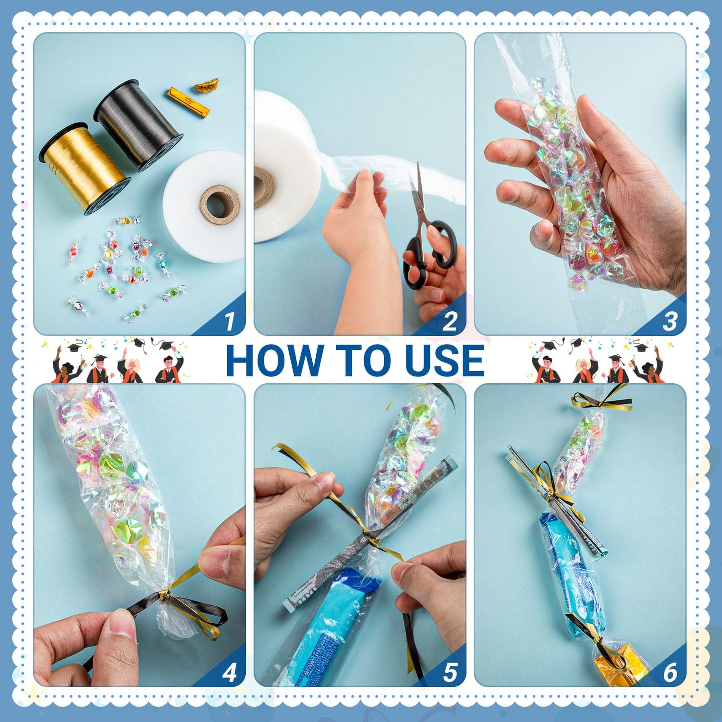 Candy Lei Poly Tubing, 3 Inch x 500 ft Clear Graduation Candy Lei Making Kit with 2 Rolls 250 yd Ribbon, Clear Shipping Poly Tubing for DIY Graduation Wreaths Packing Snacks