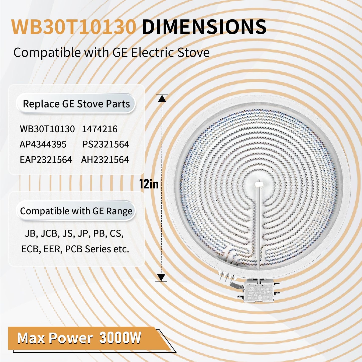 UPGRADED WB30T10130 12" Dual Haliant Surface Element Replacement for GE Stove, AP4344395 12"/9" Dual Radiant Surface Element, PS2321564 12 inch Burner Replace AH2321564 1474216