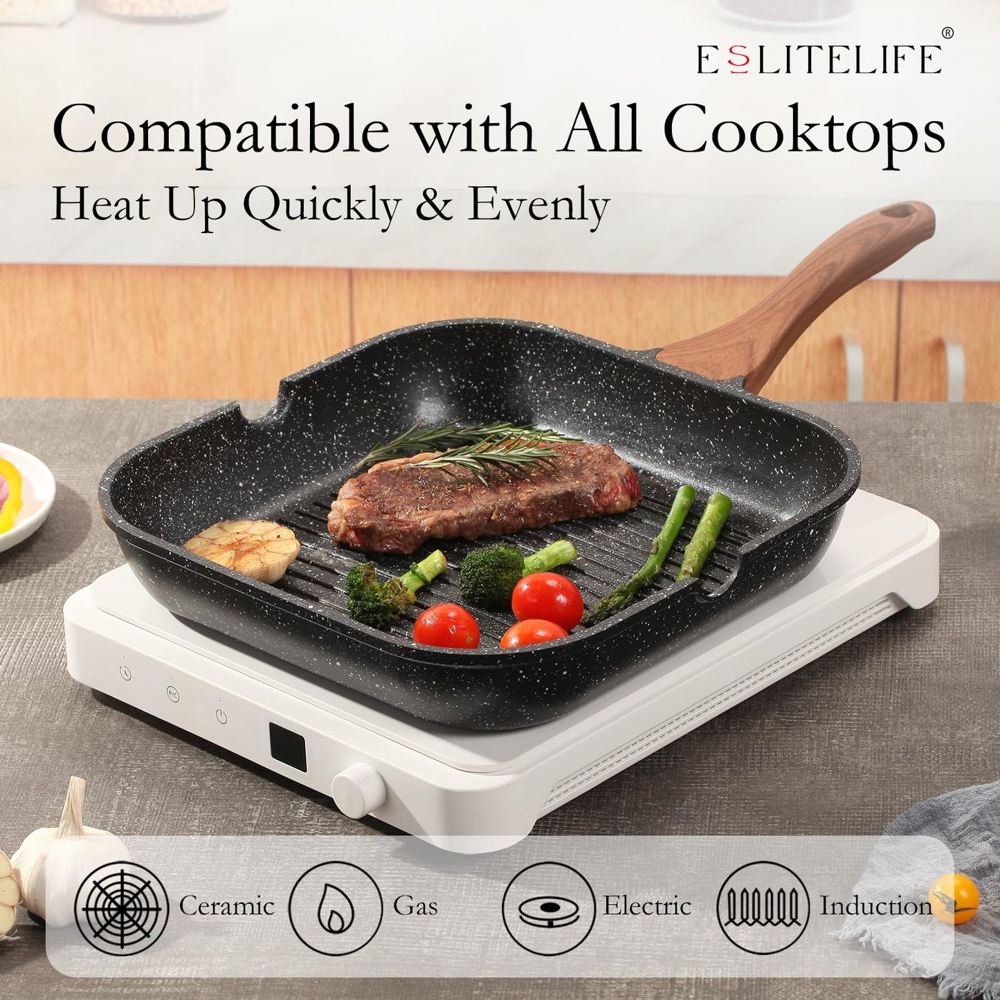 ESLITE LIFE Nonstick Grill Pan with Lid & Tongs for Stove Tops, 11 Inch Versatile Square Big Grilling Skillet Steak Pan with Pour Spouts for Indoor & Outdoor Cooking, PTFE & PFOA Free, Black