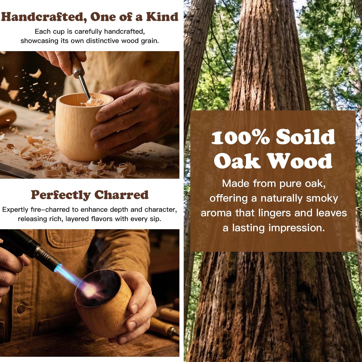 Original Oak Charred Whiskey Glass - Handcrafted Engraved Oak Whiskey Tumbler, Unbreakable Old Fashioned Glass, Unique Wooden Bourbon Drinking Glass for Men