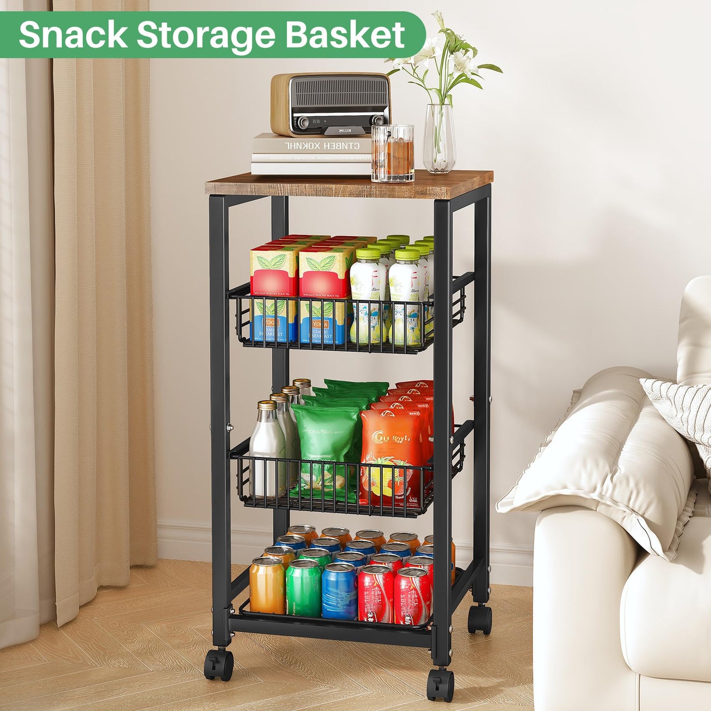 SNTD Fruit Basket Vegetable Stand for Kitchen Pantry, Pull Out Metal Wire Basket with Wood Top for Fruit Vegetable Onions Potatoes Snacks