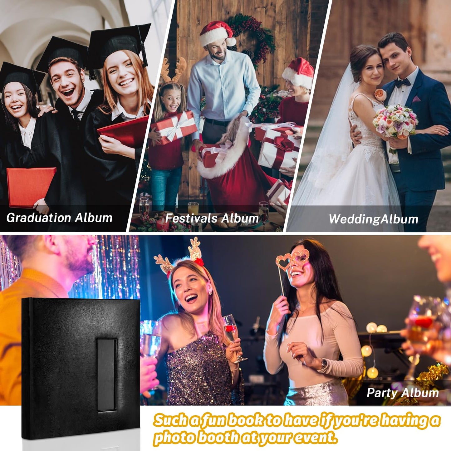 Kuword Wedding Guest Book with Photo Booth Insert - 160 2x6 Photo Sleeves & Guest Signing Space, PU Leather Memory Album for Weddings, Parties, Family Memories (Black)