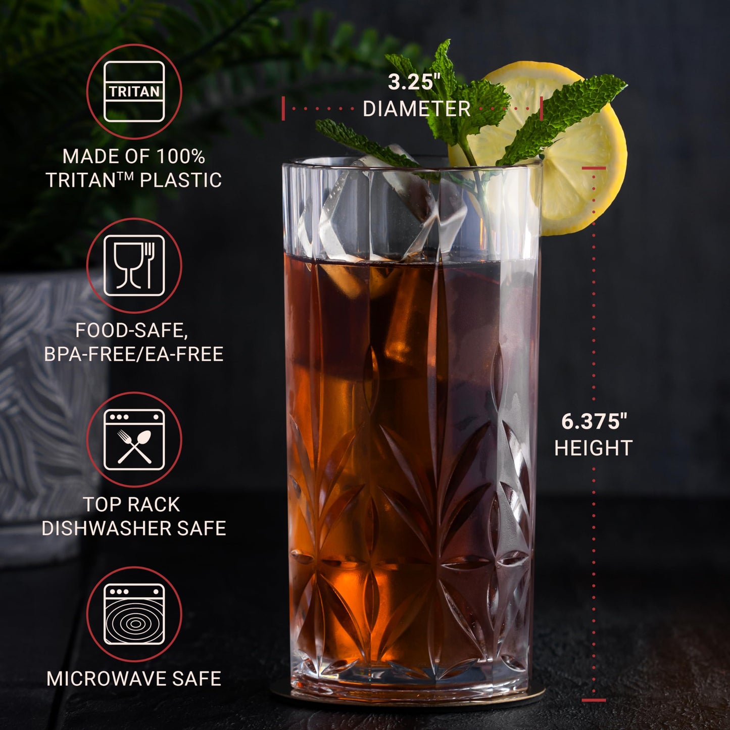 Bravario Unbreakable Plastic Drinking Water Tumblers, Dishwasher Safe 100% Tritan Glasses, BPA-Free Shatterproof Outdoor Highball Drinkware, 18 oz, Set of 6