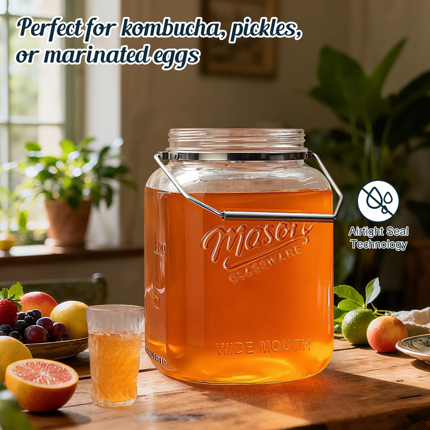 Dwbligt 2 Pack Square Wide Mouth Mason Jars, 1 Gallon Glass Jar With Airtight Lid and Scale Marks, 128 FL Oz/3785 ML Food Storage Containers with Handles & Non-slip Bases - for Flour, Rice, Pickling