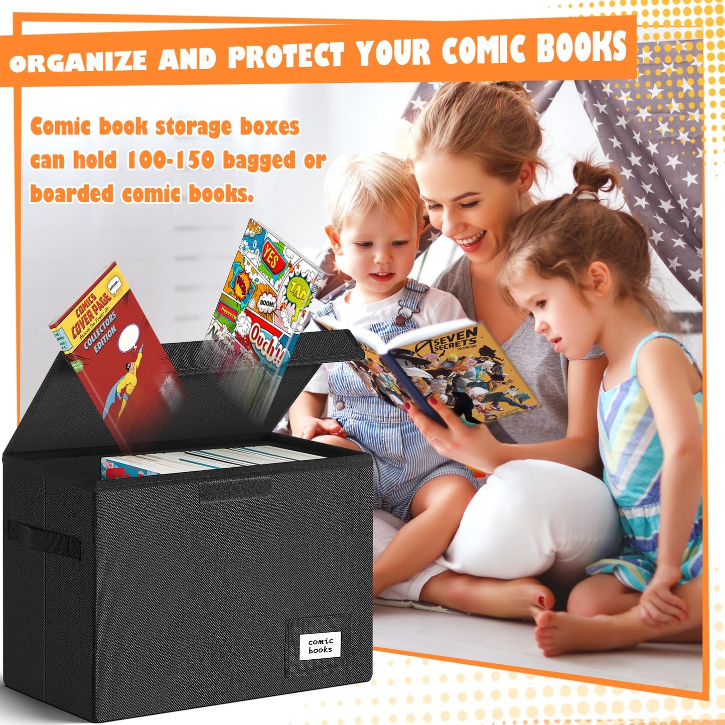 Leffis 6 Pack Comic Book Storage, Collapsible and Stackable Comic Short Box, Moistureproof Comic Box with Lid and Label Slot 15.5" X 7.5" X 11.3" Holds 150 Comics