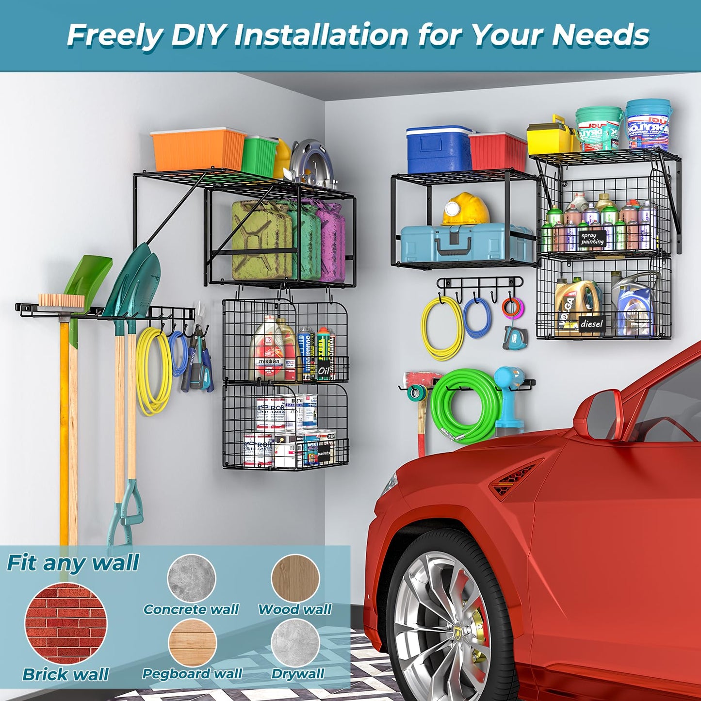 ThreeHio Garage Shelf Wall Mounted with Wire baskets, Heavy Duty Garage Wall Shelving with Garden Tool Rack and Hooks, Wire Shelf Baskets Tool Organizer for Home Garden Yard Organization and Storage