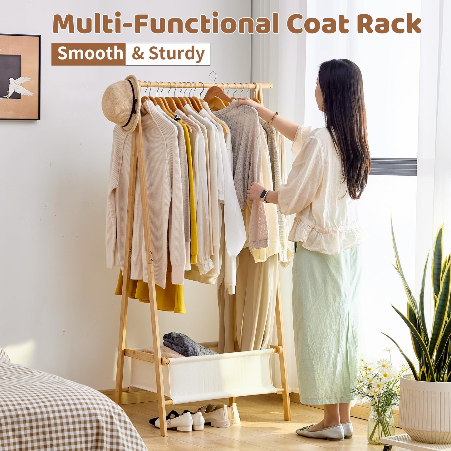 FILWH Bamboo Clothes Rack with Storage Box Foldable Garment Holder Coat Rack Freestanding Coat Stand Child Clothing Stand for Hanging Coat Dress up Racks (Natural, Large)